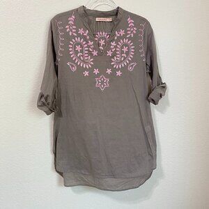 Fresh Produce Charcoal Gray MISTY Pink Embroidered Tunic Top XS/S